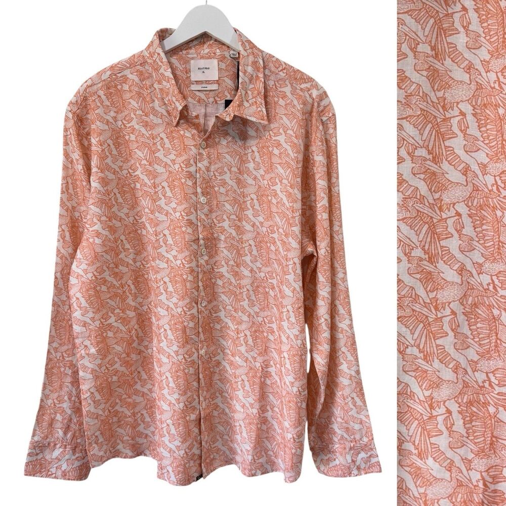Billy Reid Men XL Wilson Shirt Linen Long Sleeve Terra Cotta Flock Pelicans NWT